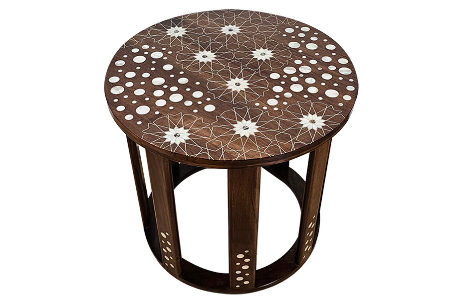 Syrian mother of pearl round coffee table inlaid with tin