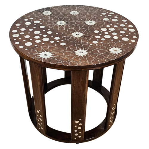 Syrian mother of pearl round coffee table inlaid with tin