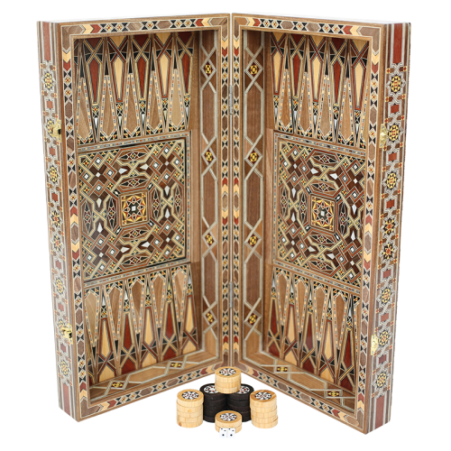 Mosaic backgammon inlaid with different kind of woods and mother of pearl