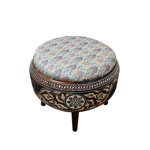 Handcrafted Syrian Walnut Stool with Mother-of-Pearl & Bone Inlay, Silk Floral Seat